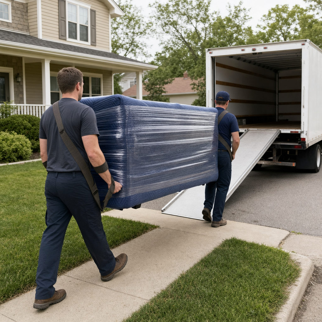 Uniformed Spokane moving crew carrying a shrink-wrapped sofa down a residential walkway toward an open box-truck ramp